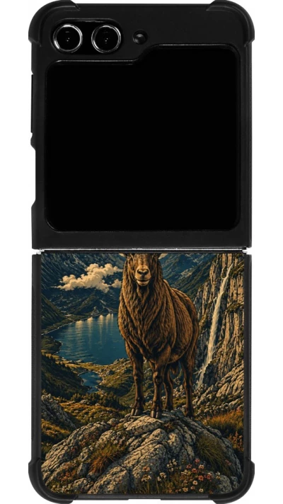 Coque Samsung Galaxy Z Flip5 - Silicone rigide noir Linocut Bouquetin