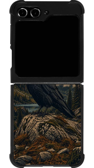 Coque Samsung Galaxy Z Flip5 - Silicone rigide noir Linocut Grand Corbeau