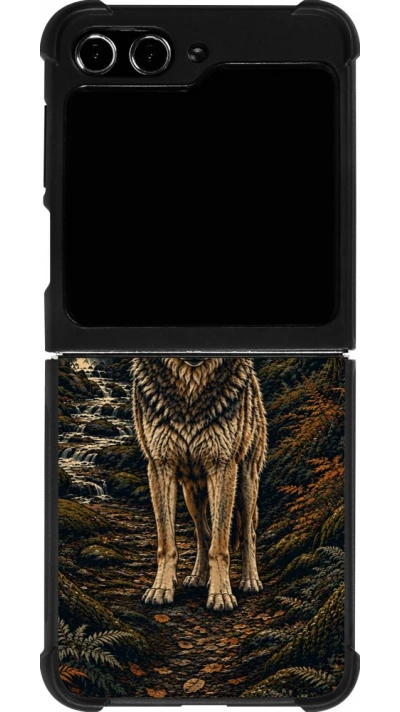 Coque Samsung Galaxy Z Flip5 - Silicone rigide noir Linocut Loup