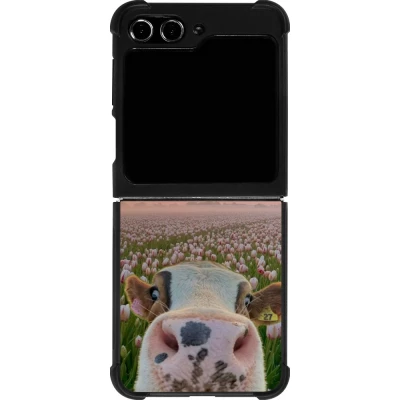 Coque Samsung Galaxy Z Flip5 - Silicone rigide noir Cow with tulips Spring 2026