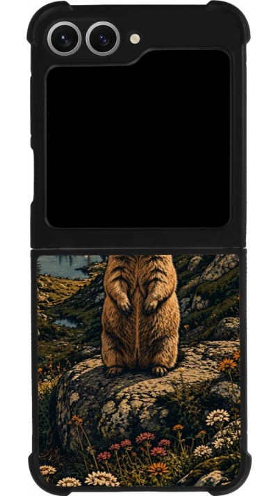 Coque Samsung Galaxy Z Flip6 - Silicone rigide noir Linocut Marmotte