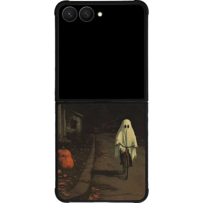 Coque Samsung Galaxy Z Flip7 - Silicone rigide noir Halloween 2025 Ghost on a bicycle