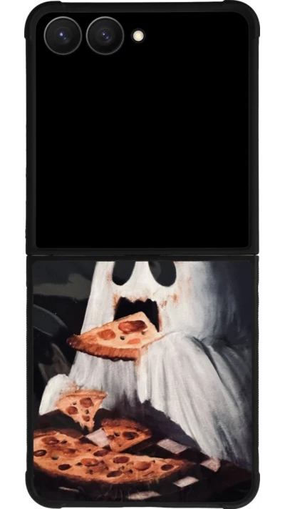 Coque Samsung Galaxy Z Flip7 - Silicone rigide noir Halloween 2026 Ghost eating pizza