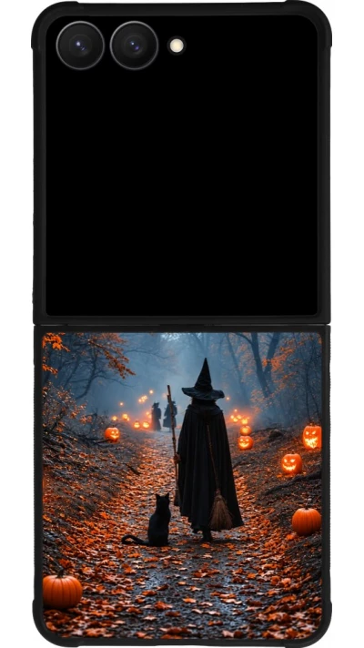 Coque Samsung Galaxy Z Flip7 - Silicone rigide noir Halloween 2026 Witch with a cat