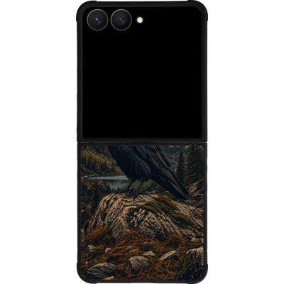 Coque Samsung Galaxy Z Flip7 - Silicone rigide noir Linocut Grand Corbeau