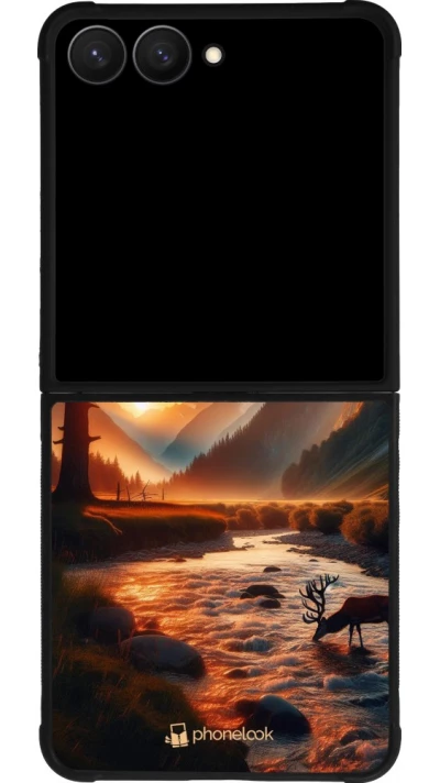 Samsung Galaxy Z Flip7 Case Hülle - Silikon schwarz Tal Sonnenuntergang Hirsch Baum