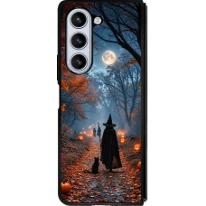 Coque Samsung Galaxy Z Fold5 - Silicone rigide noir Halloween 2026 Witch with a cat