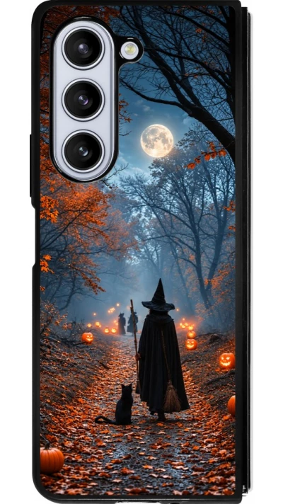 Coque Samsung Galaxy Z Fold5 - Silicone rigide noir Halloween 2026 Witch with a cat