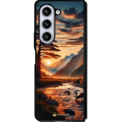 Coque Samsung Galaxy Z Fold5 - Silicone rigide noir Valley Sunset Deer Tree