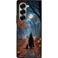 Coque Samsung Galaxy Z Fold6 - Silicone rigide noir Halloween 2026 Witch with a cat