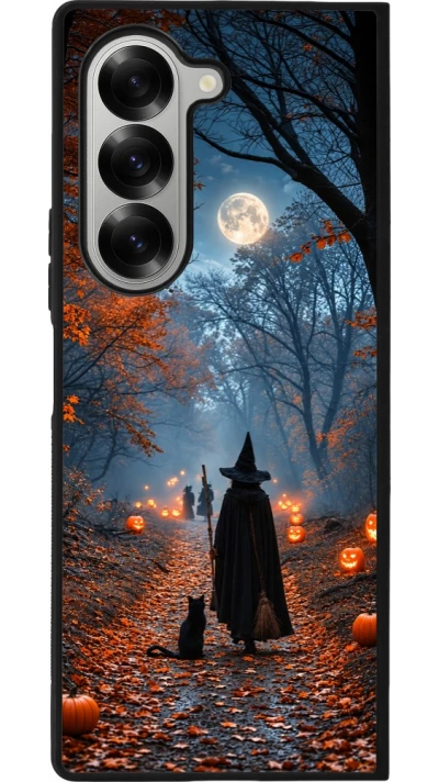 Coque Samsung Galaxy Z Fold6 - Silicone rigide noir Halloween 2026 Witch with a cat