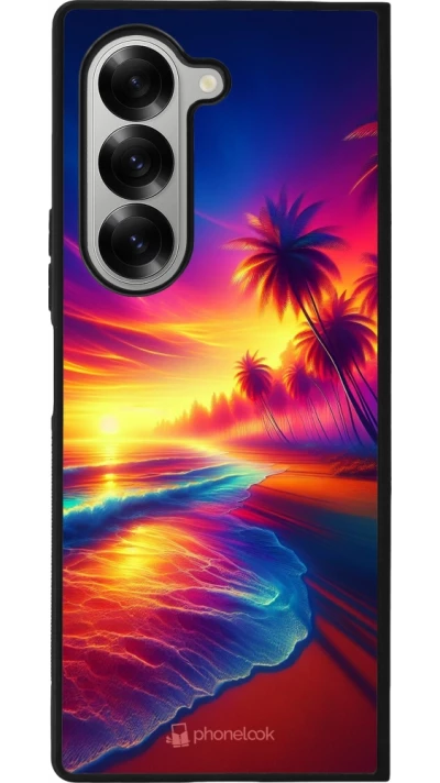 Coque Samsung Galaxy Z Fold6 - Silicone rigide noir Plage coucher soleil flashy
