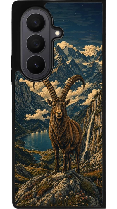 Coque Samsung Galaxy Z Fold7 - Silicone rigide noir Linocut Bouquetin