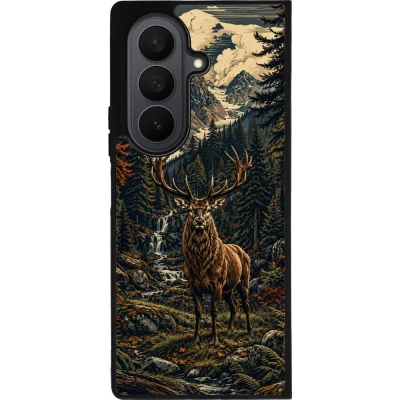 Coque Samsung Galaxy Z Fold7 - Silicone rigide noir Linocut Cerf