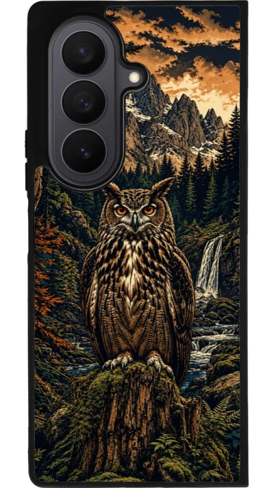 Coque Samsung Galaxy Z Fold7 - Silicone rigide noir Linocut Grand-Duc