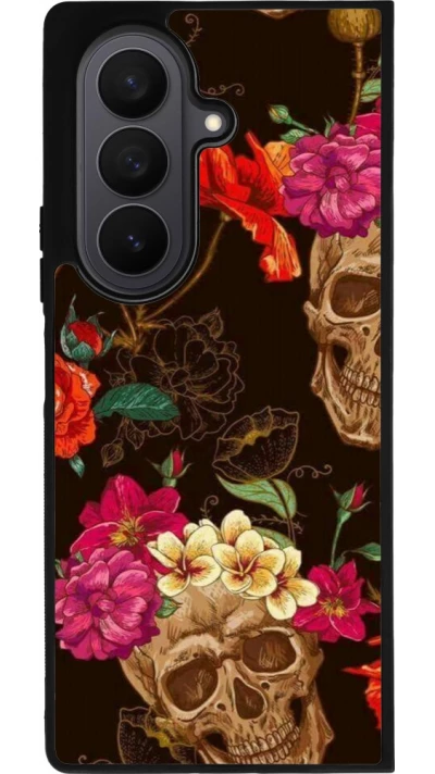 Samsung Galaxy Z Fold7 Case Hülle - Silikon schwarz Skulls and flowers