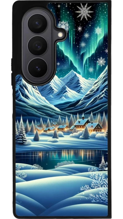 Samsung Galaxy Z Fold7 Case Hülle - Silikon schwarz Verschneites Bergdorf am See in der Nacht