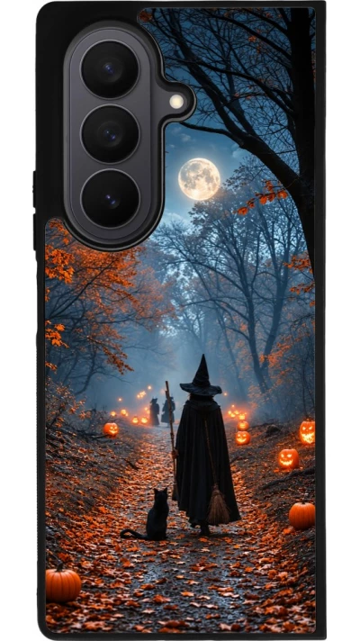 Coque Samsung Galaxy Z Fold8 Ultra - Silicone rigide noir Halloween 2026 Witch with a cat