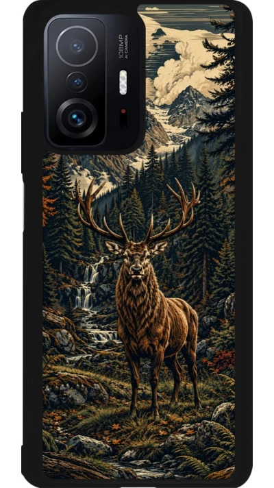 Coque Xiaomi 11T - Silicone rigide noir Linocut Cerf