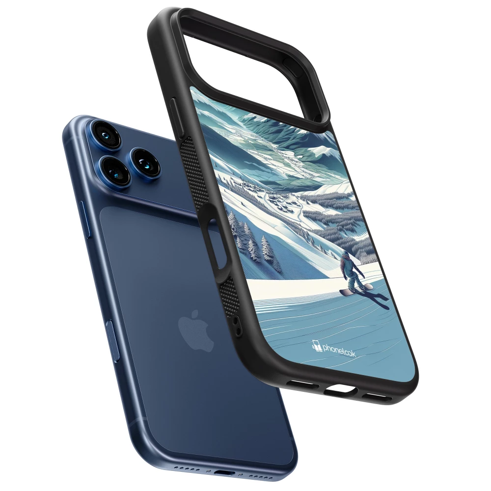 Coque iPhone 18 Pro / 17 Pro - Silicone rigide noir Snowboarder Montagne
