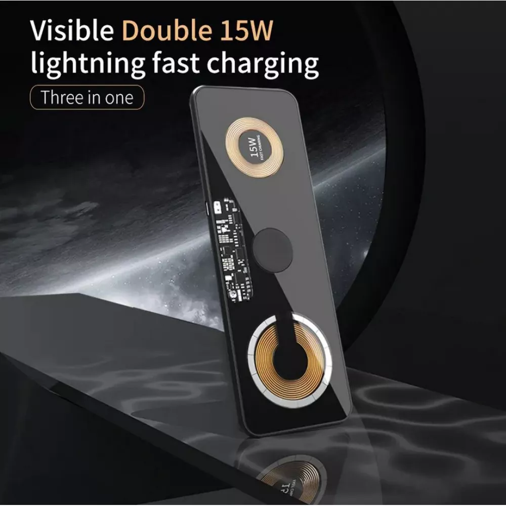 3in1 wireless MagSafe Ladestation Cyberpunk 2x 15W für iPhone, AirPods & Qi Smartphones - Transparent