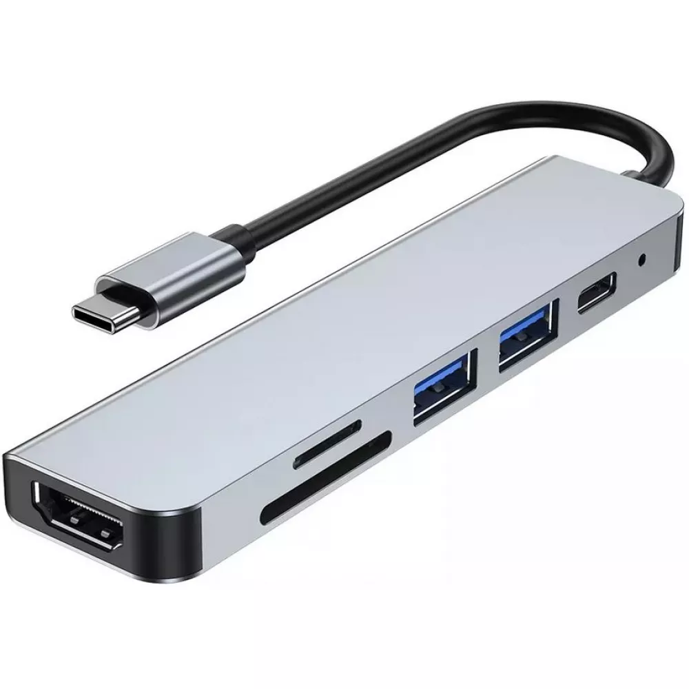 6 in 1 USB-C Multi-Anschluss Hub Aluminium flach Docking Station MacBook 4K HDMI + SD Card + USB-C - Grau