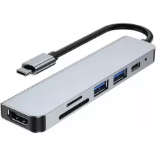 6 in 1 USB-C Multi-Anschluss Hub Aluminium flach Docking Station MacBook 4K HDMI + SD Card + USB-C - Grau