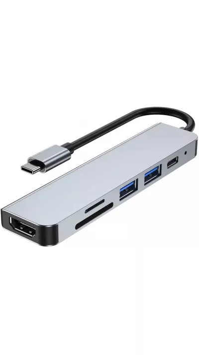 Hub USB-C 6 en 1 multi-ports aluminium Docking Station MacBook 4K HDMI + Carte SD + USB-C - Gris