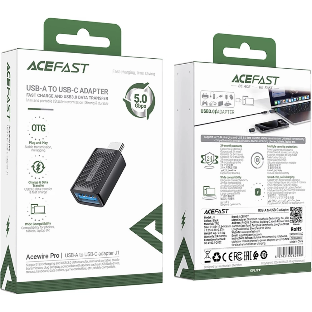 Acefast J1 - Adaptateur USB-A 3.0 (femelle) vers USB-C 3.0 (m&acirc;le) 5Gb/s - Noir