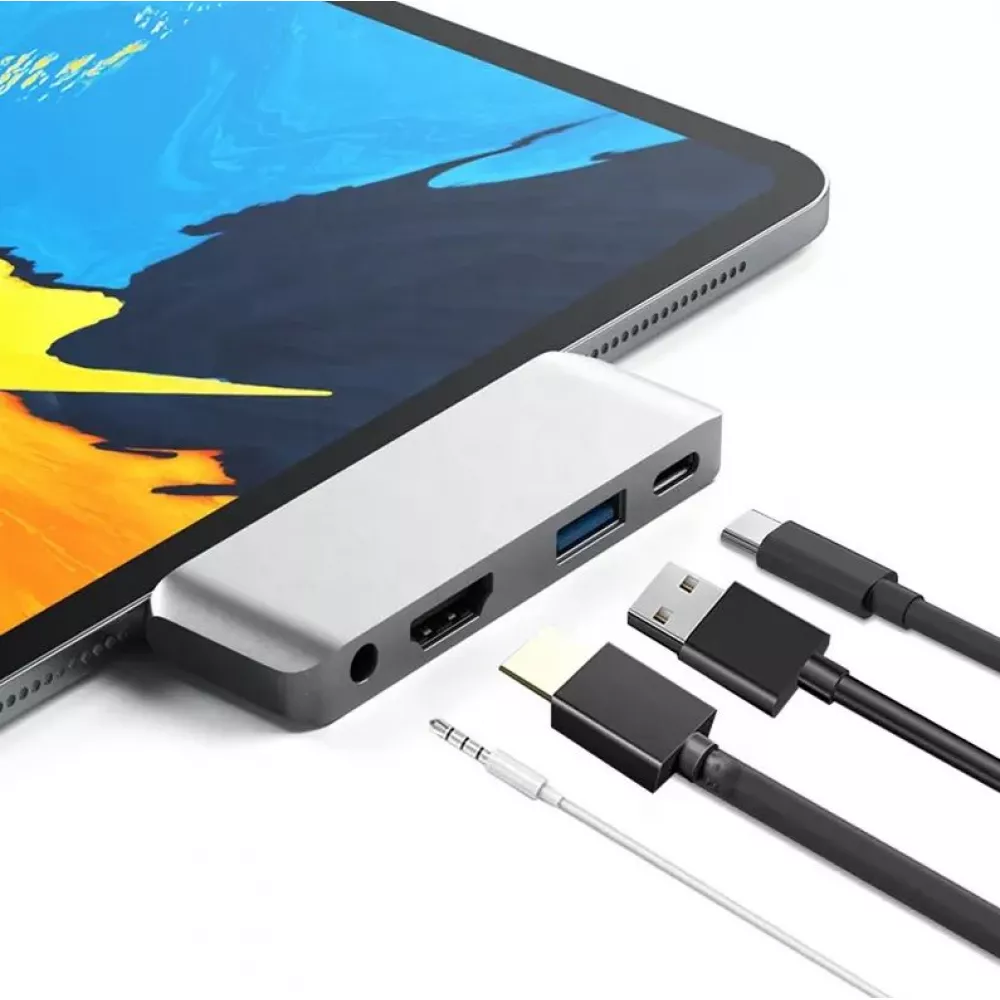Adaptateur USB-C multi-ports pour Apple iPad Aluminium 4 en 1 USB 3.0-AUX-HDMI - Argent