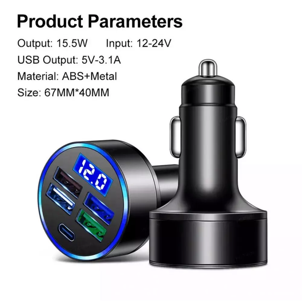 Adaptateur de charge 15W allume-cigare 5en1 USB & USB-C avec affichage LED QuickCharge 3.0 - Noir