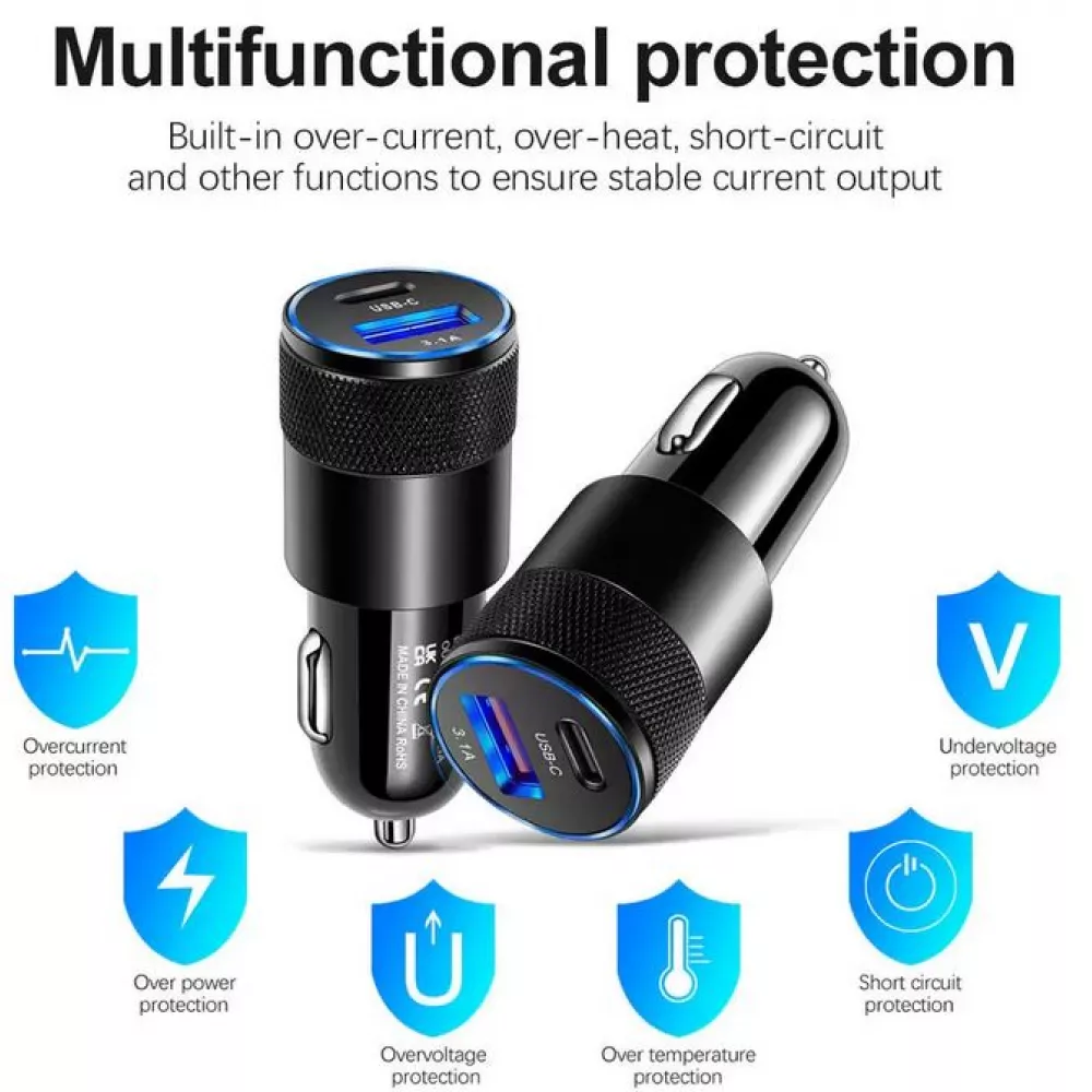 Doppel USB Zigarettenanzünder Adapter 15W 3.1A Power Delivery USB-A & USB-C - Silber