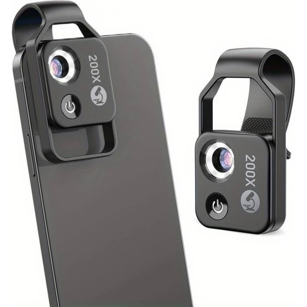 Apexel APL-MS002 Clip zoom optique microscopique 200x universel avec lumière LED intégrée - Noir