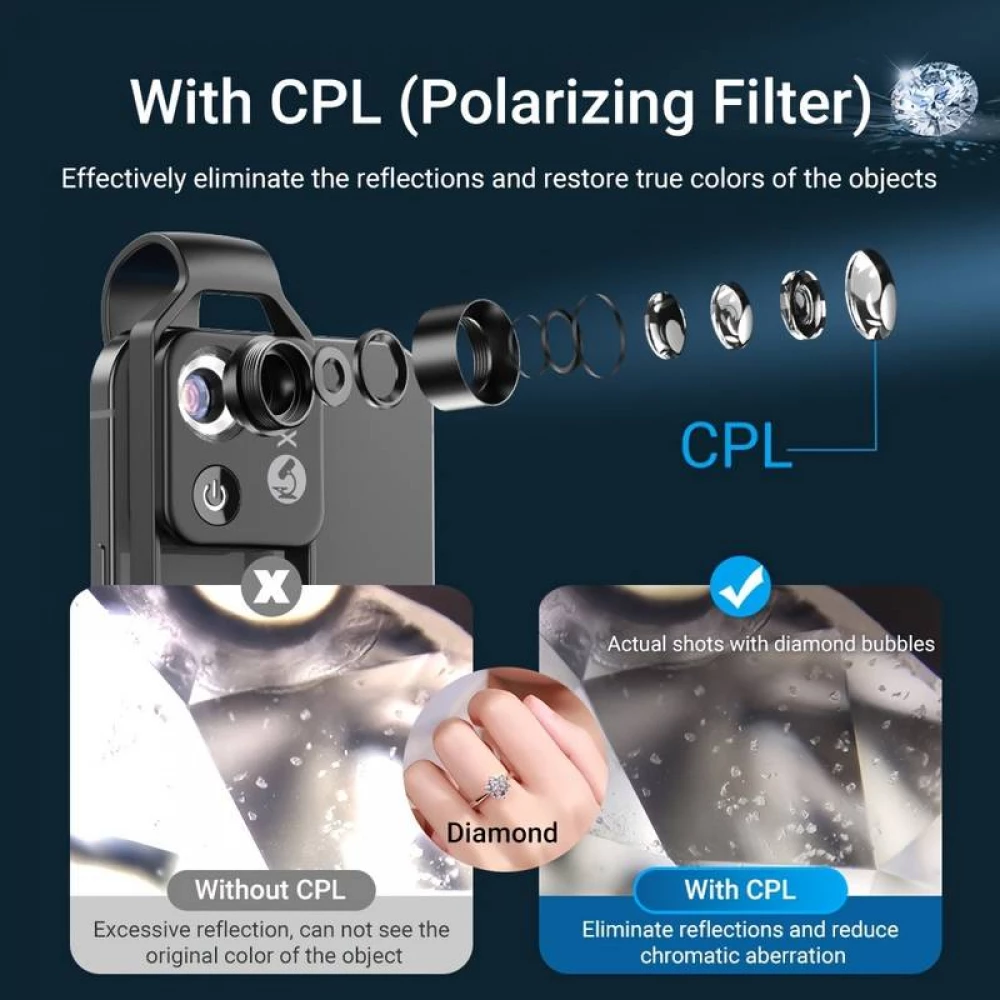 Apexel APL-MS002 Clip zoom optique microscopique 200x universel avec lumière LED intégrée - Noir