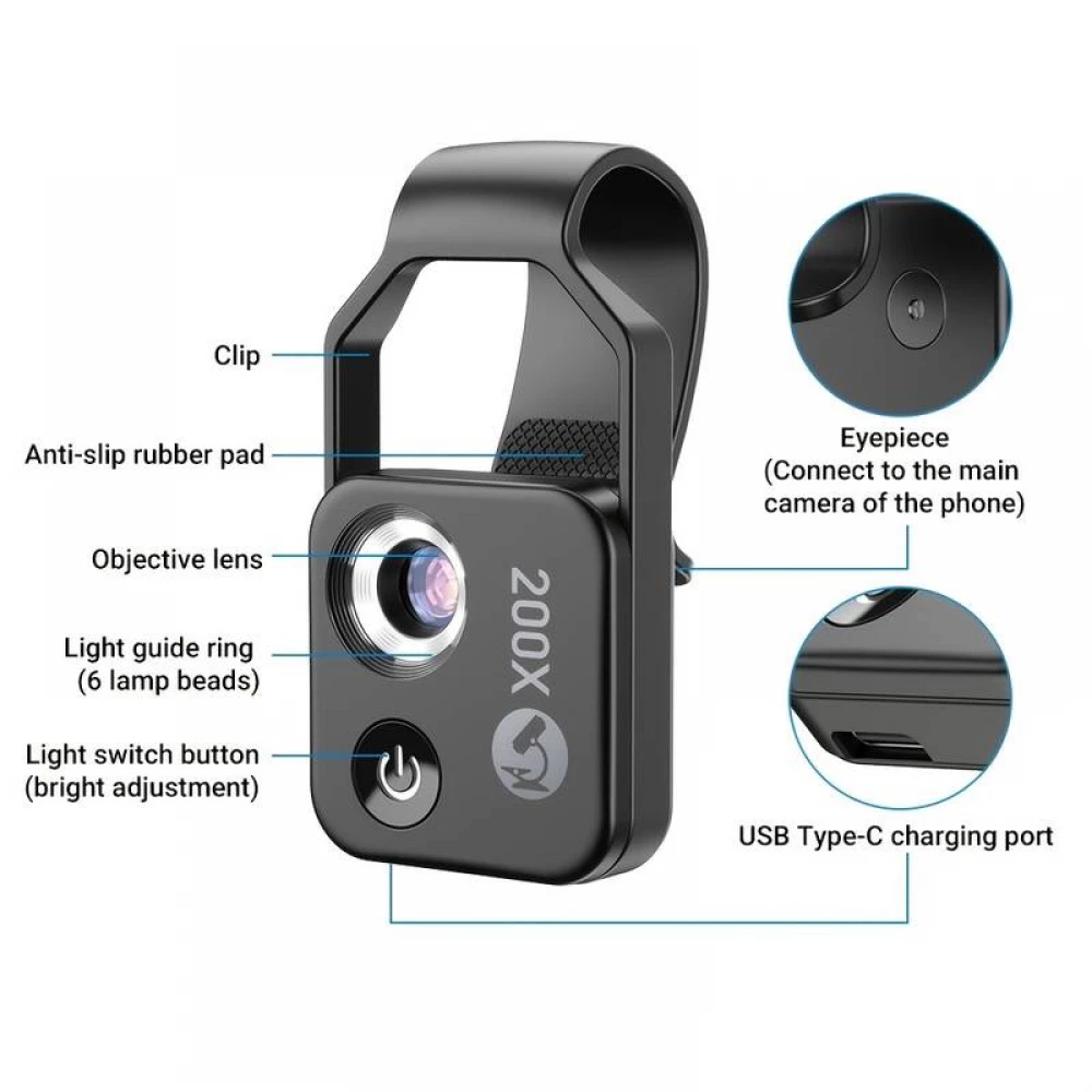 Apexel APL-MS002 Clip zoom optique microscopique 200x universel avec lumière LED intégrée - Noir