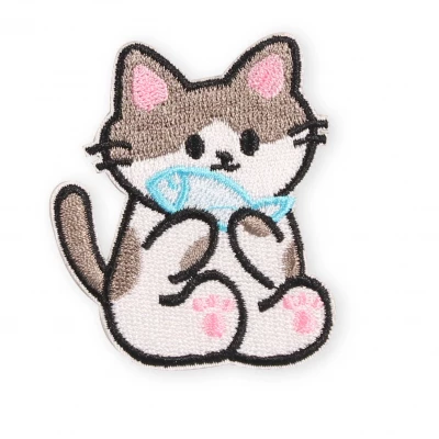 Autocollant sticker pour téléphone/tablette/ordinateur brodé en 3D - Chat avec poisson