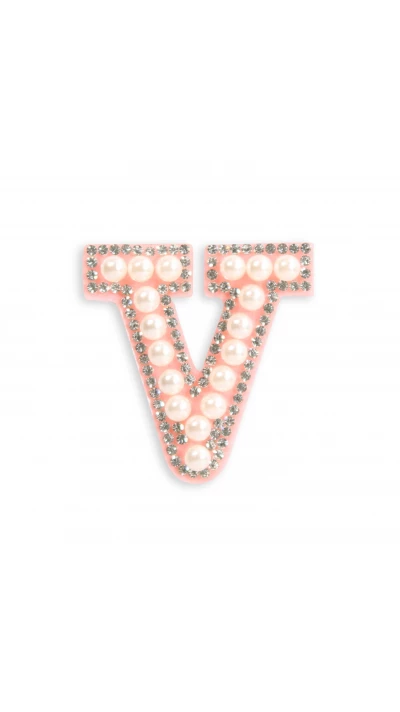 Autocollant sticker pour t&eacute;l&eacute;phone/tablette/ordinateur brod&eacute; en 3D pearls rose - Lettre V