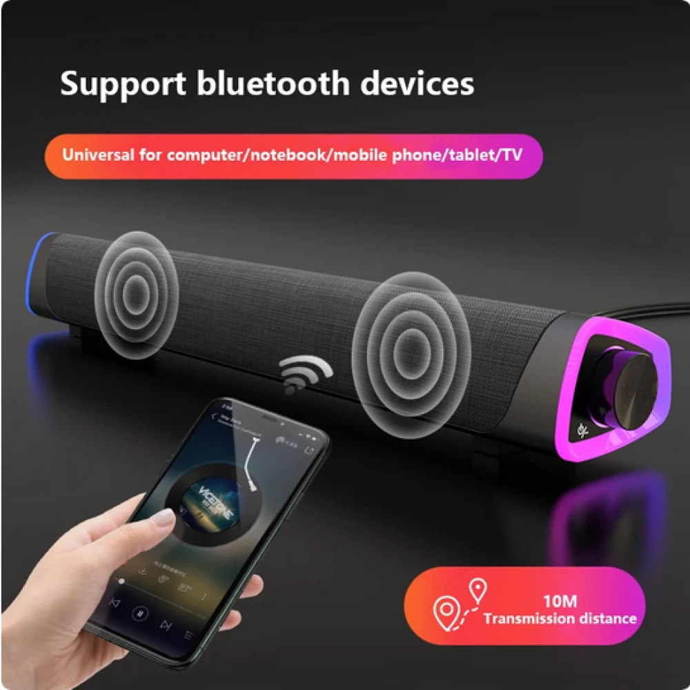 Barre de son Bluetooth V8 stylée et minimaliste avec éclairage d ambiance LED + USB + AUX - Gris