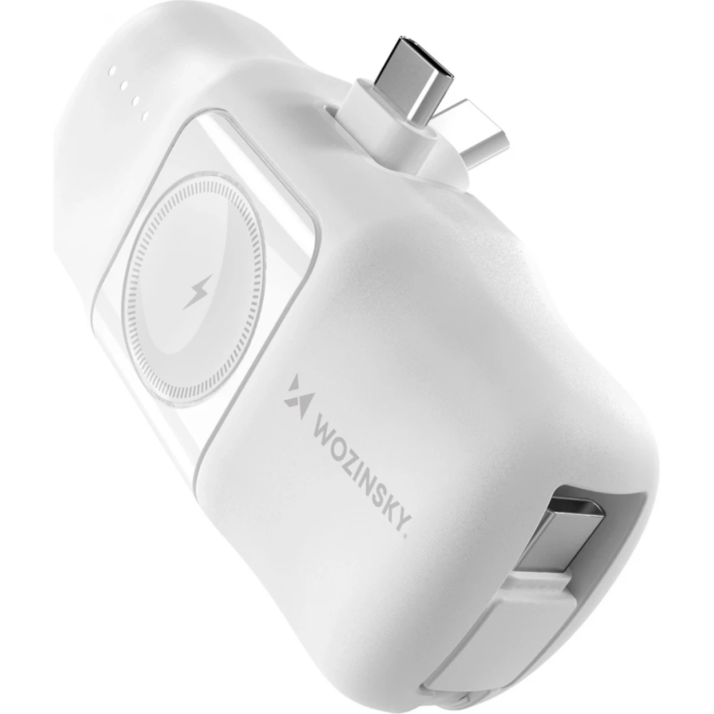 Batterie Externe Wozinsky WF16-YCS 5000mAh 15W USB-C Mini avec C&acirc;ble USB-C Int&eacute;gr&eacute; et Chargeur Apple Watch - Blanc