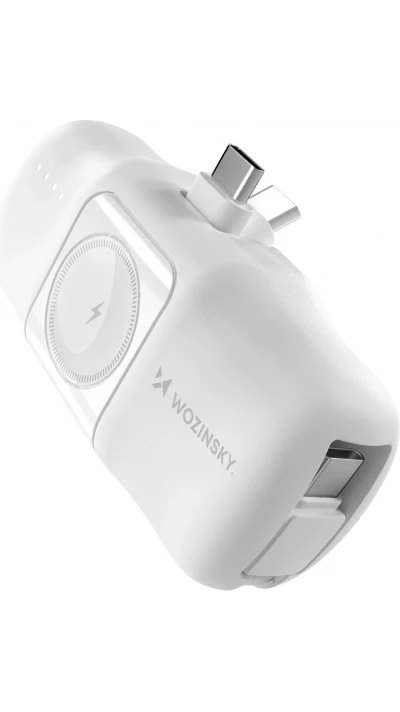 Batterie Externe Wozinsky WF16-YCS 5000mAh 15W USB-C Mini avec C&acirc;ble USB-C Int&eacute;gr&eacute; et Chargeur Apple Watch - Blanc