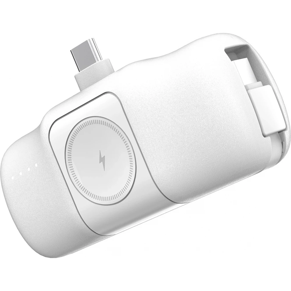 Batterie Externe Wozinsky WF16-YCS 5000mAh 15W USB-C Mini avec C&acirc;ble USB-C Int&eacute;gr&eacute; et Chargeur Apple Watch - Blanc