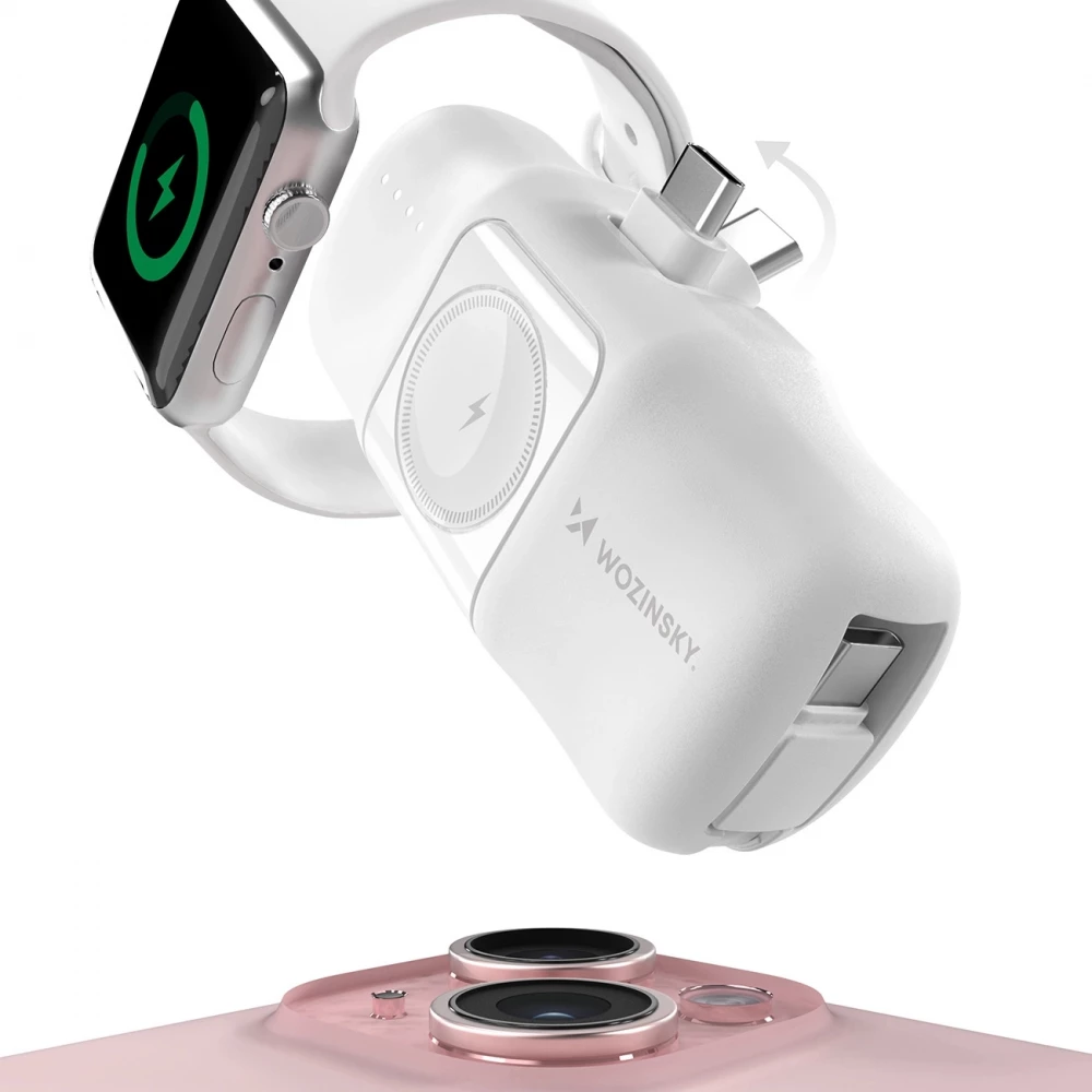 Batterie Externe Wozinsky WF16-YCS 5000mAh 15W USB-C Mini avec C&acirc;ble USB-C Int&eacute;gr&eacute; et Chargeur Apple Watch - Blanc
