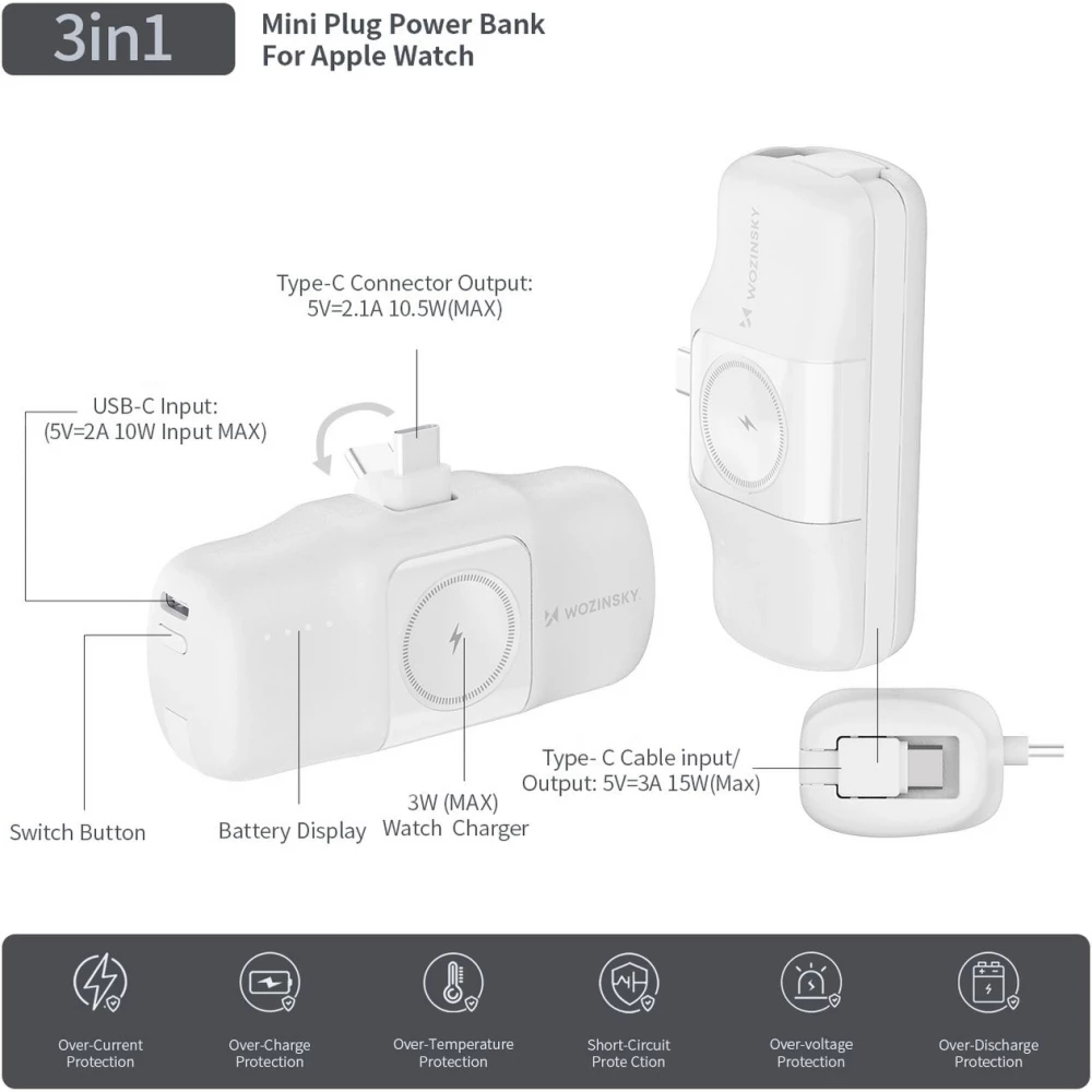 Batterie Externe Wozinsky WF16-YCS 5000mAh 15W USB-C Mini avec C&acirc;ble USB-C Int&eacute;gr&eacute; et Chargeur Apple Watch - Blanc