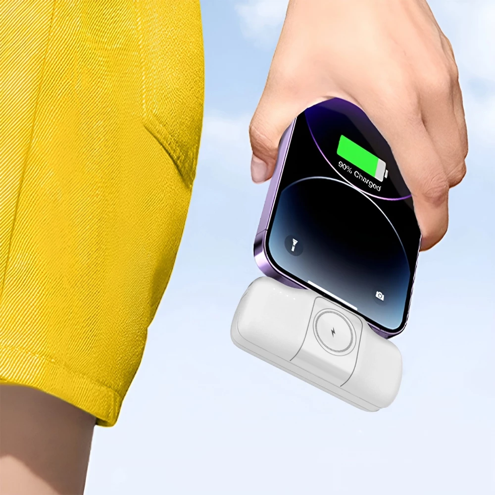 Batterie Externe Wozinsky WF16-YCS 5000mAh 15W USB-C Mini avec C&acirc;ble USB-C Int&eacute;gr&eacute; et Chargeur Apple Watch - Blanc