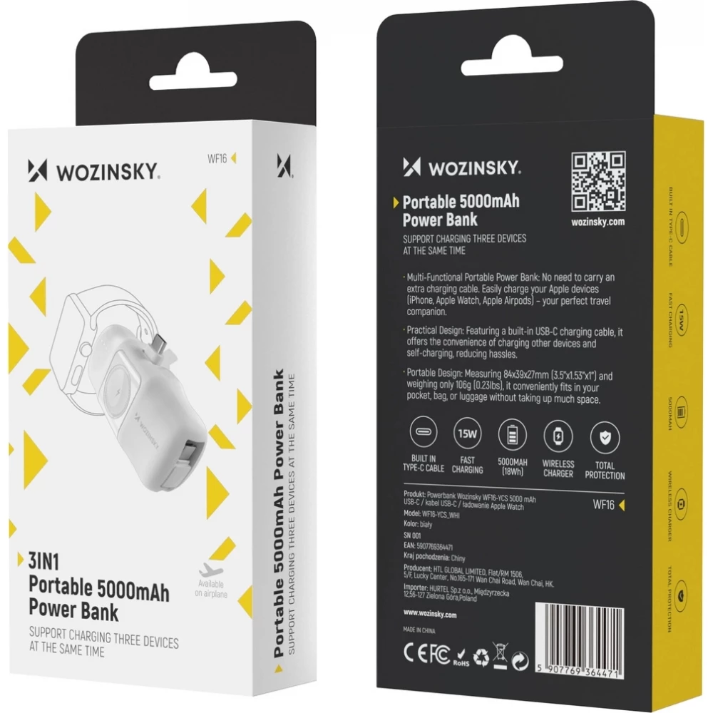 Batterie Externe Wozinsky WF16-YCS 5000mAh 15W USB-C Mini avec C&acirc;ble USB-C Int&eacute;gr&eacute; et Chargeur Apple Watch - Blanc