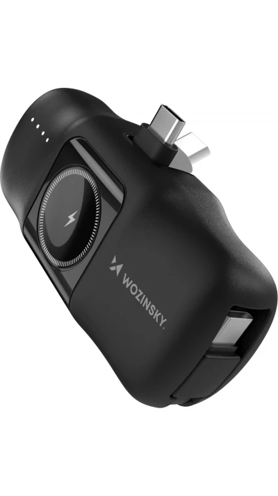 Batterie Externe Wozinsky WF16-YCS 5000mAh 15W USB-C Mini avec C&acirc;ble USB-C Int&eacute;gr&eacute; et Chargeur Apple Watch - Noir