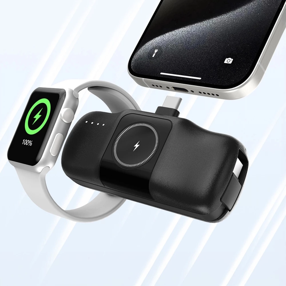 Batterie Externe Wozinsky WF16-YCS 5000mAh 15W USB-C Mini avec C&acirc;ble USB-C Int&eacute;gr&eacute; et Chargeur Apple Watch - Noir