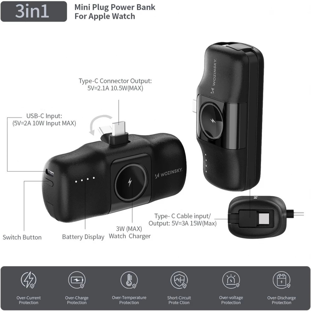 Batterie Externe Wozinsky WF16-YCS 5000mAh 15W USB-C Mini avec C&acirc;ble USB-C Int&eacute;gr&eacute; et Chargeur Apple Watch - Noir