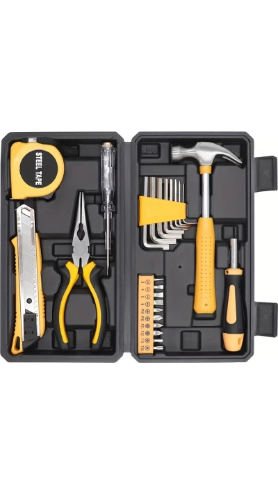 Bo&icirc;te &agrave; outils 25 pi&egrave;ces pratique portable compacte avec les outils essentiels - Jaune
