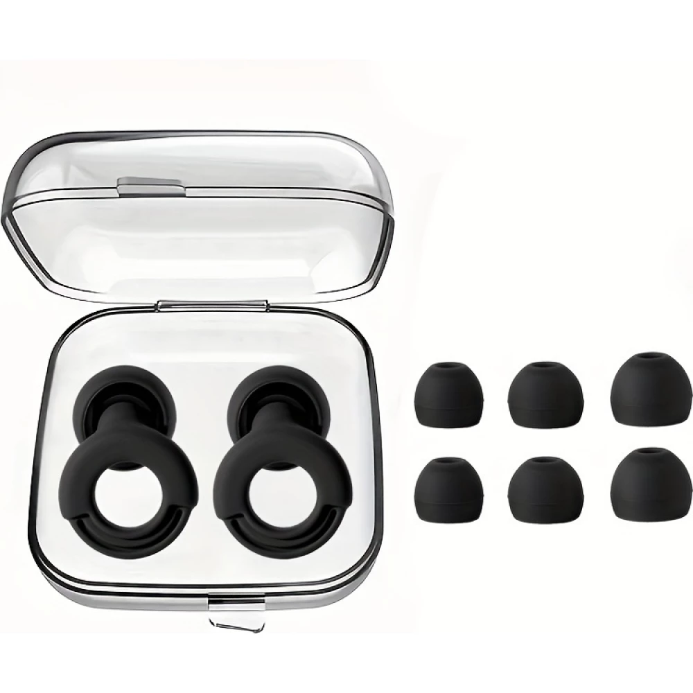 Bouchons d'oreilles loop en silicone (3 tailles d'embout) réutilisables avec étui de rangement - Noir